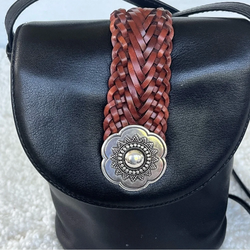 Brighton One World Women's Vintage Black Mini Leather Bucket Crossbody Bag